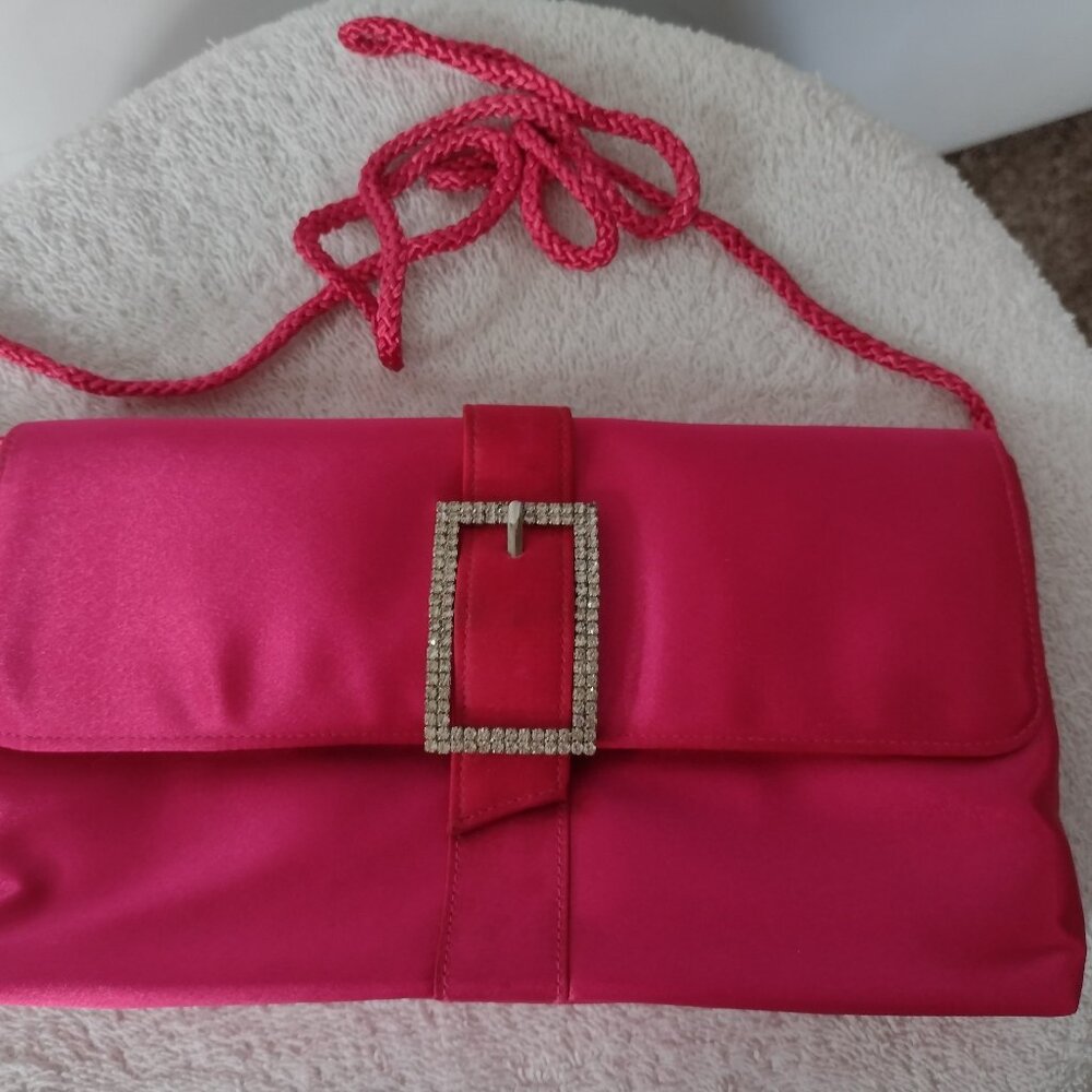 Jennifer Moore Bright Pink Satin Clutch With Sparkly Buckle Accent - Picture 4 of 6